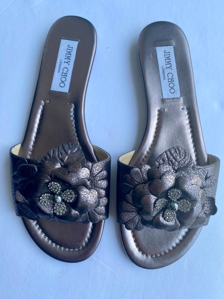 Jimmy Choo Metallic Floral Embellished Slides Gunmetal Leather Size 38